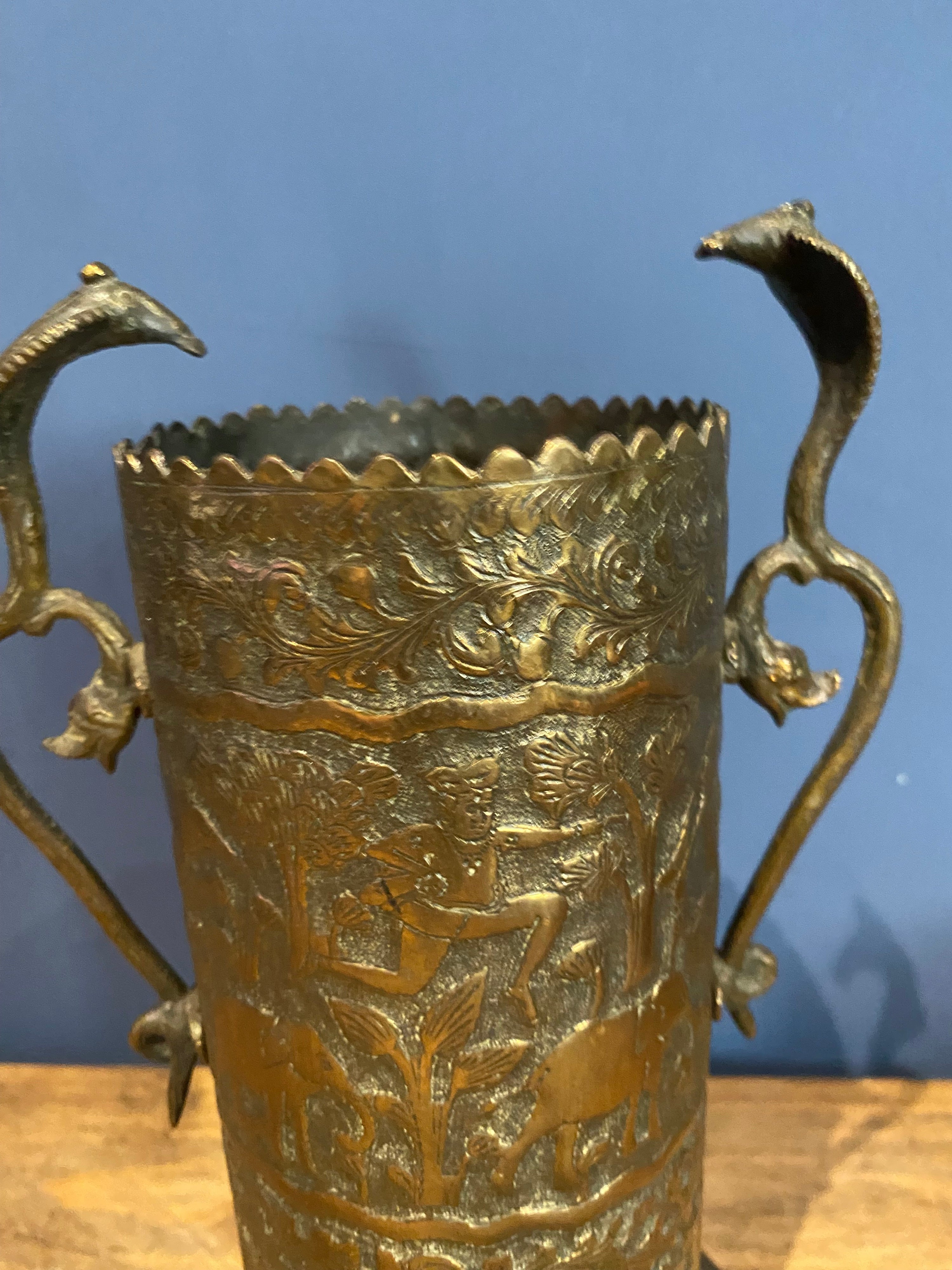 Vintage Indian Brass Vase With Cobra Handles