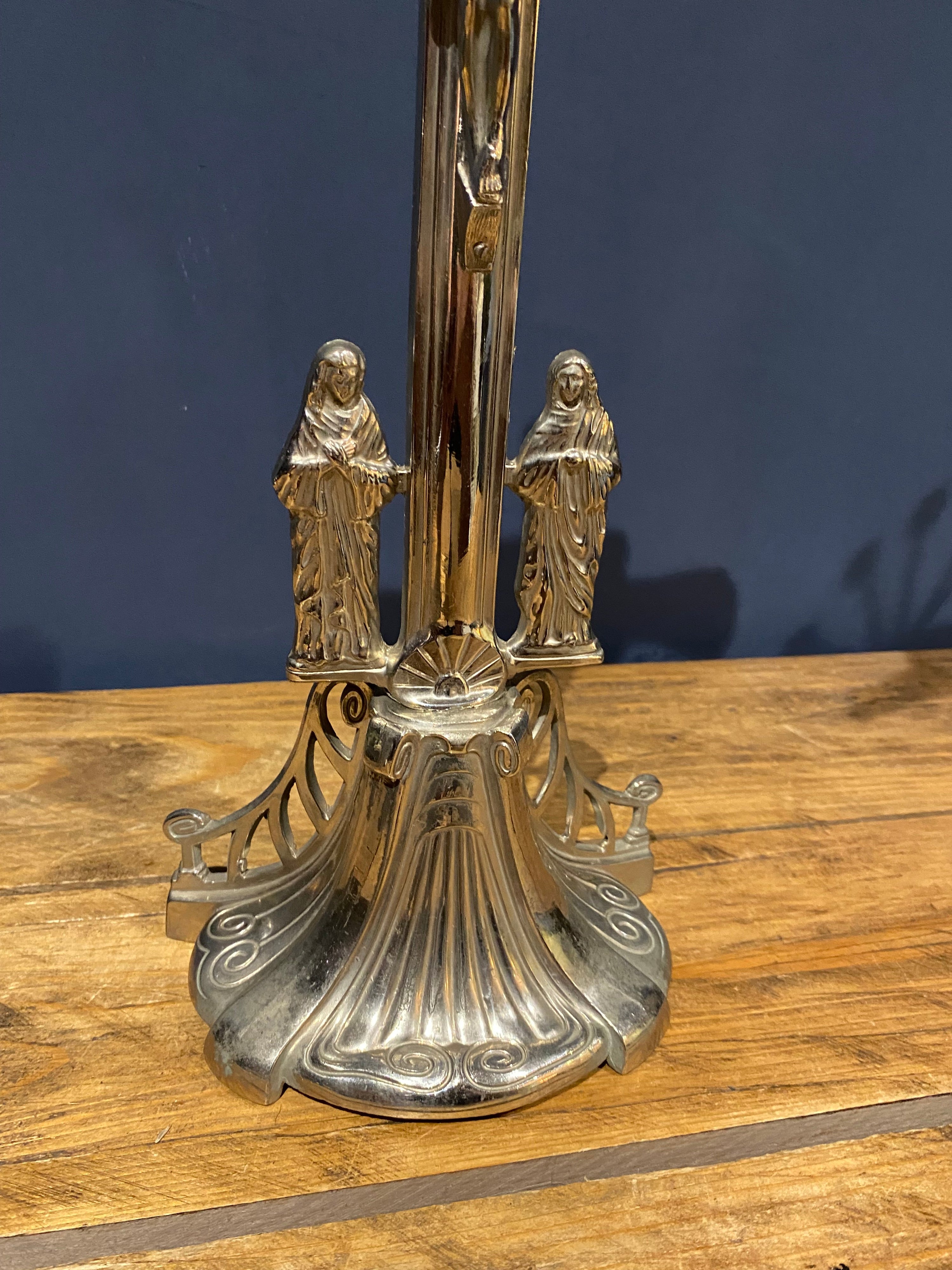 Vintage Mid Century French White Metal /chrome Altar Crucifix 40 Cms High