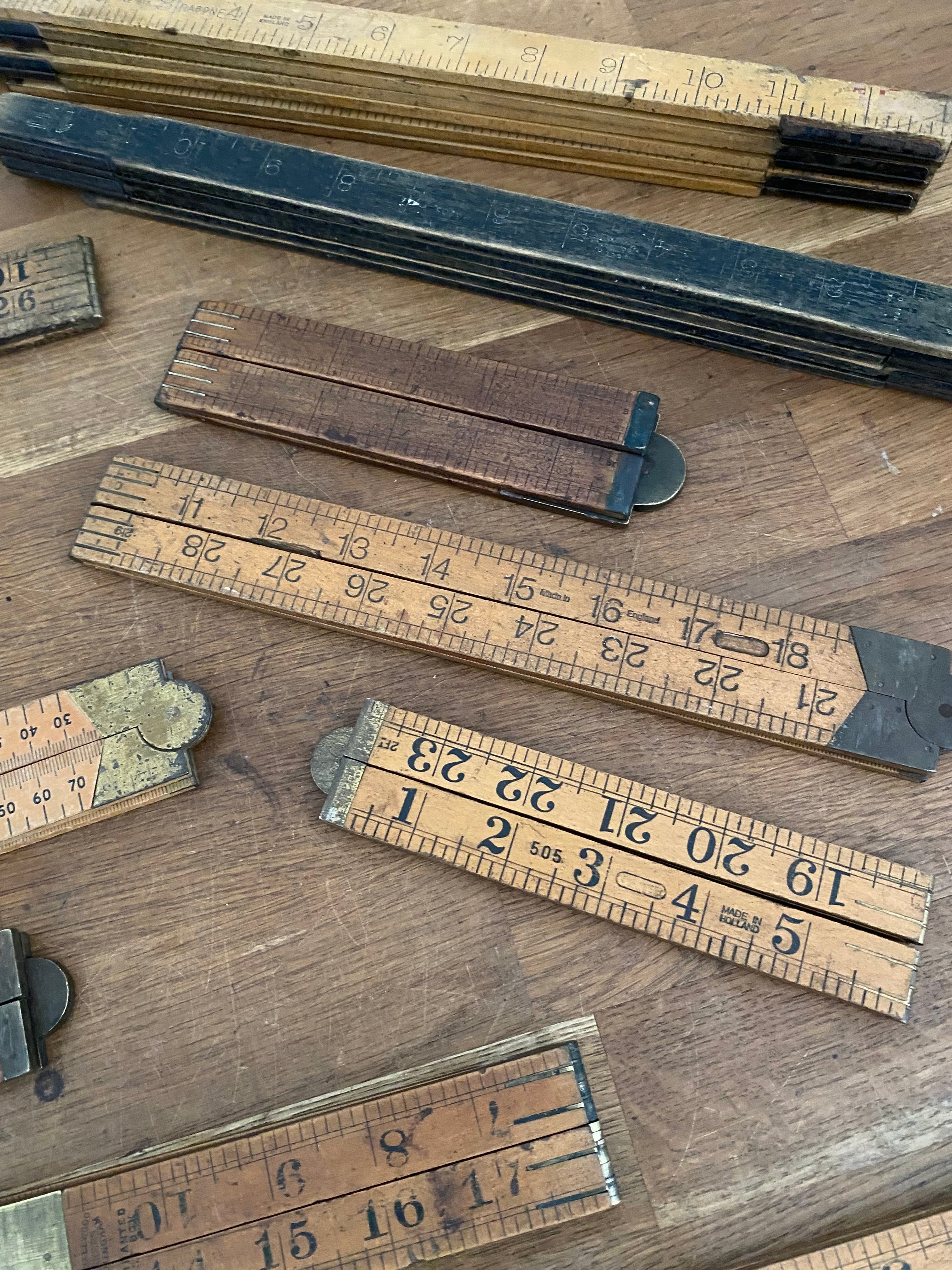 Joblot Of 15 Vintage Box Wood Folding Rulers , Mostly Rabone , Various Condition