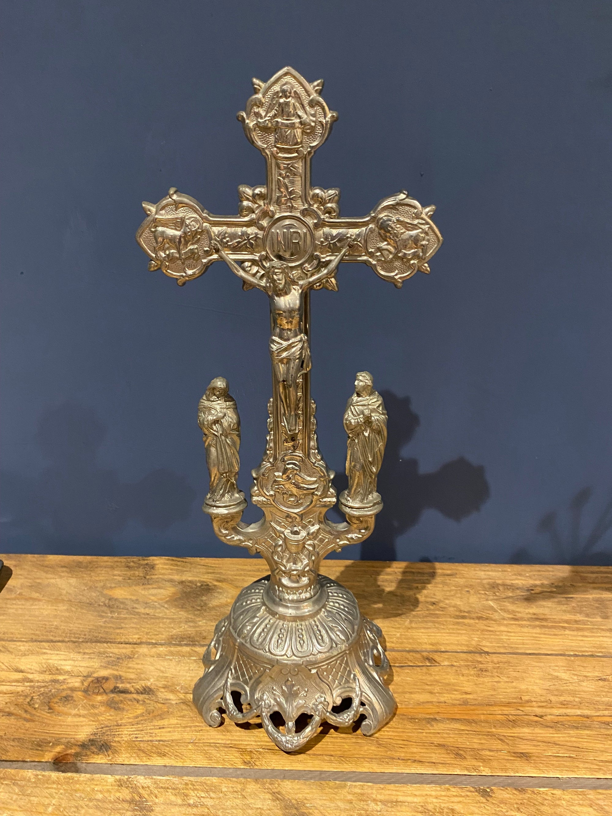 Vintage Mid Century French White Metal  Altar Crucifix 45 Cms High