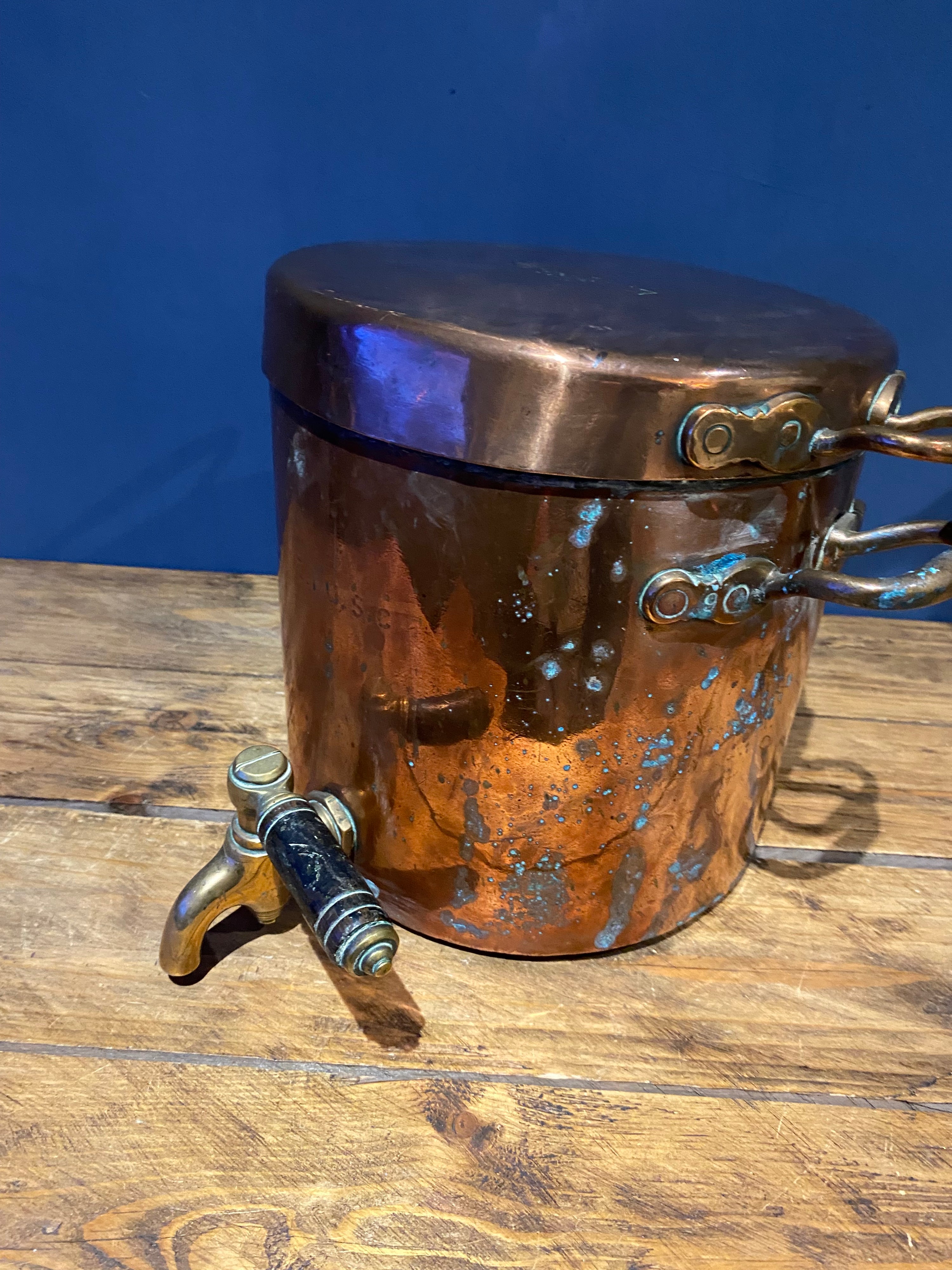 Large Heavy Antique Copper Water Urn , E.I.U.S.C. Stamped In It.