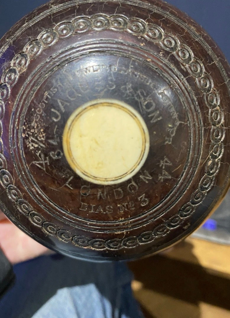 Pair Of Vintage Lawn Bowls Plus Bag , No3 Bias, 4 7/8.