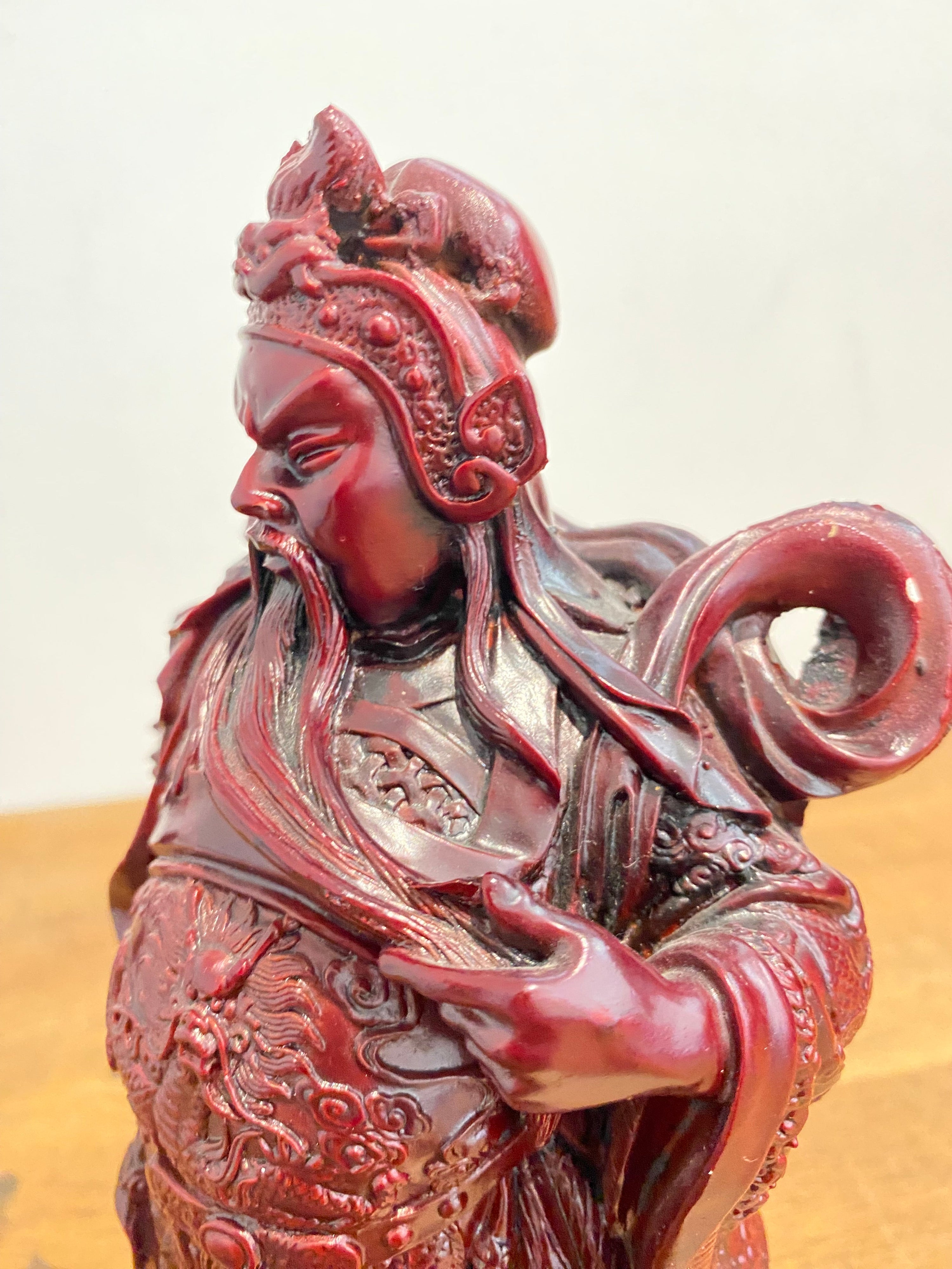 Chinese General Kwan Cinnabar Colour Resin Figure / 10” Statue