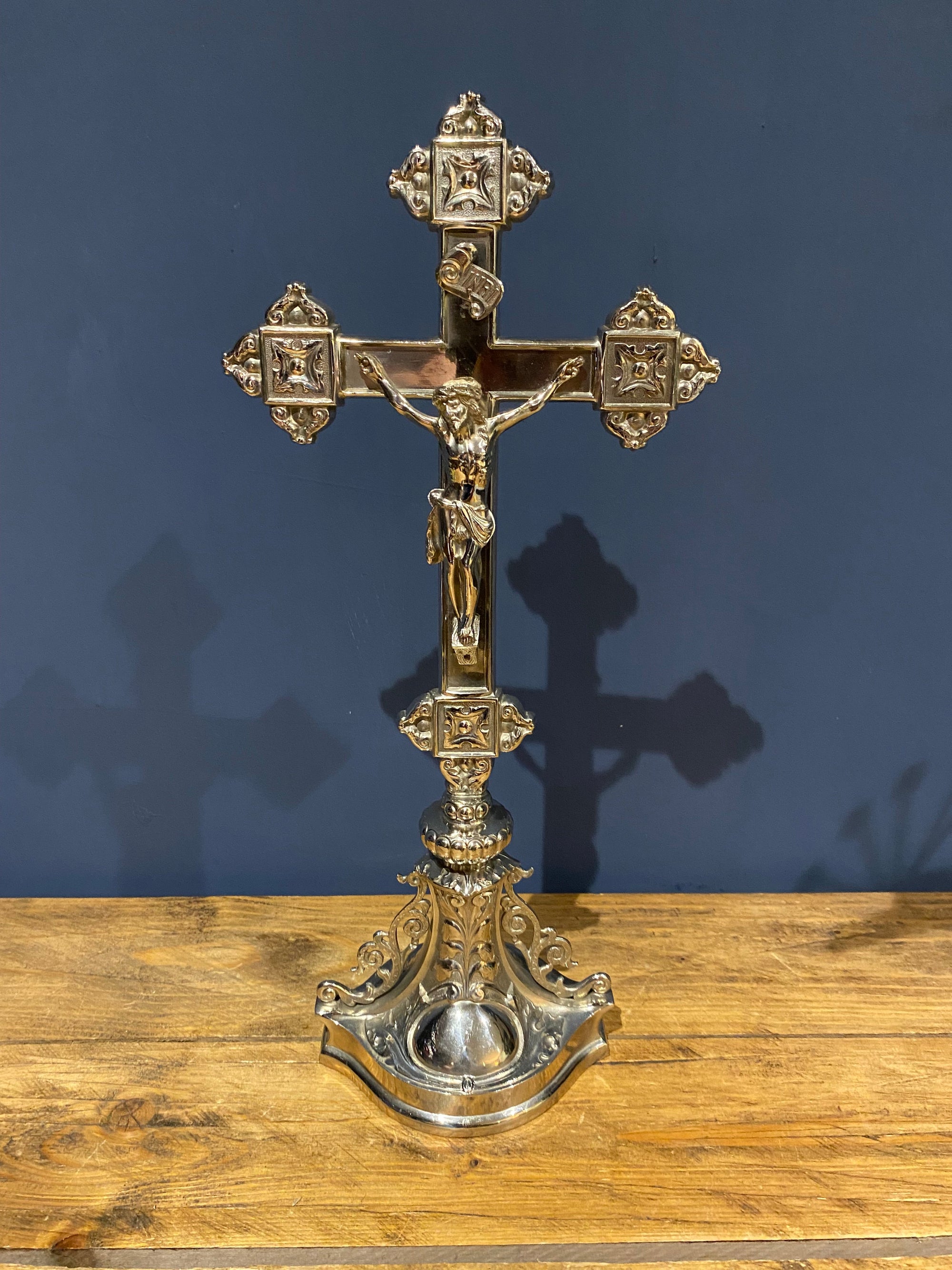 Vintage Mid Century French White Metal /chrome Altar Crucifix 43 Cms High