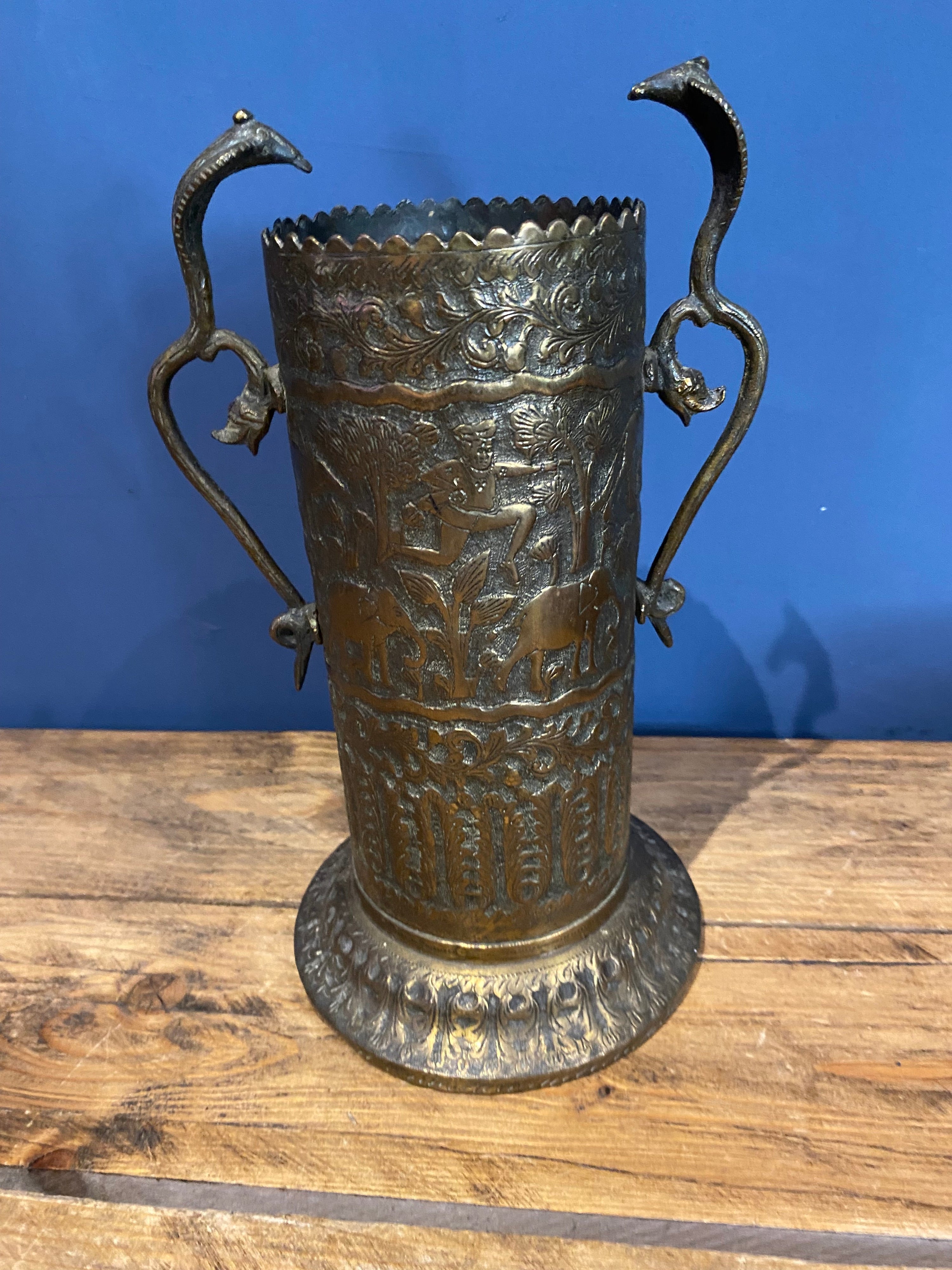 Vintage Indian Brass Vase With Cobra Handles