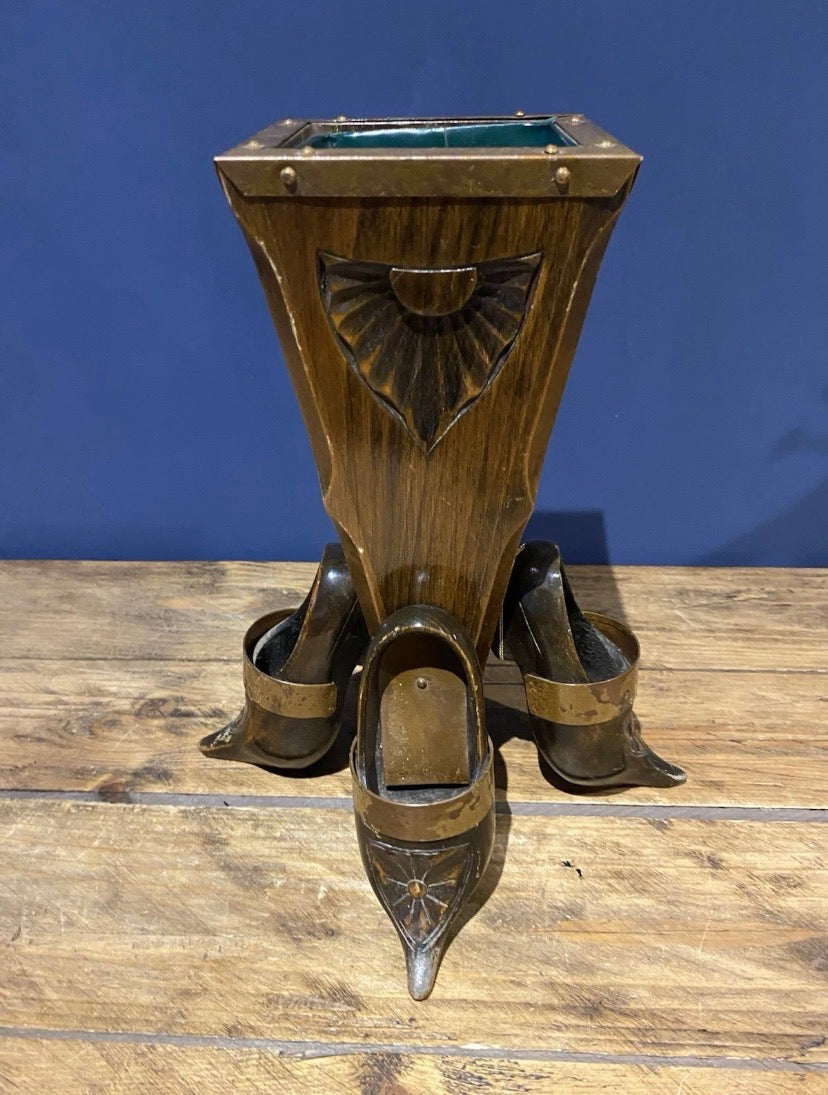 Unusual Vintage Carved Clog Vase, Wood And Copper