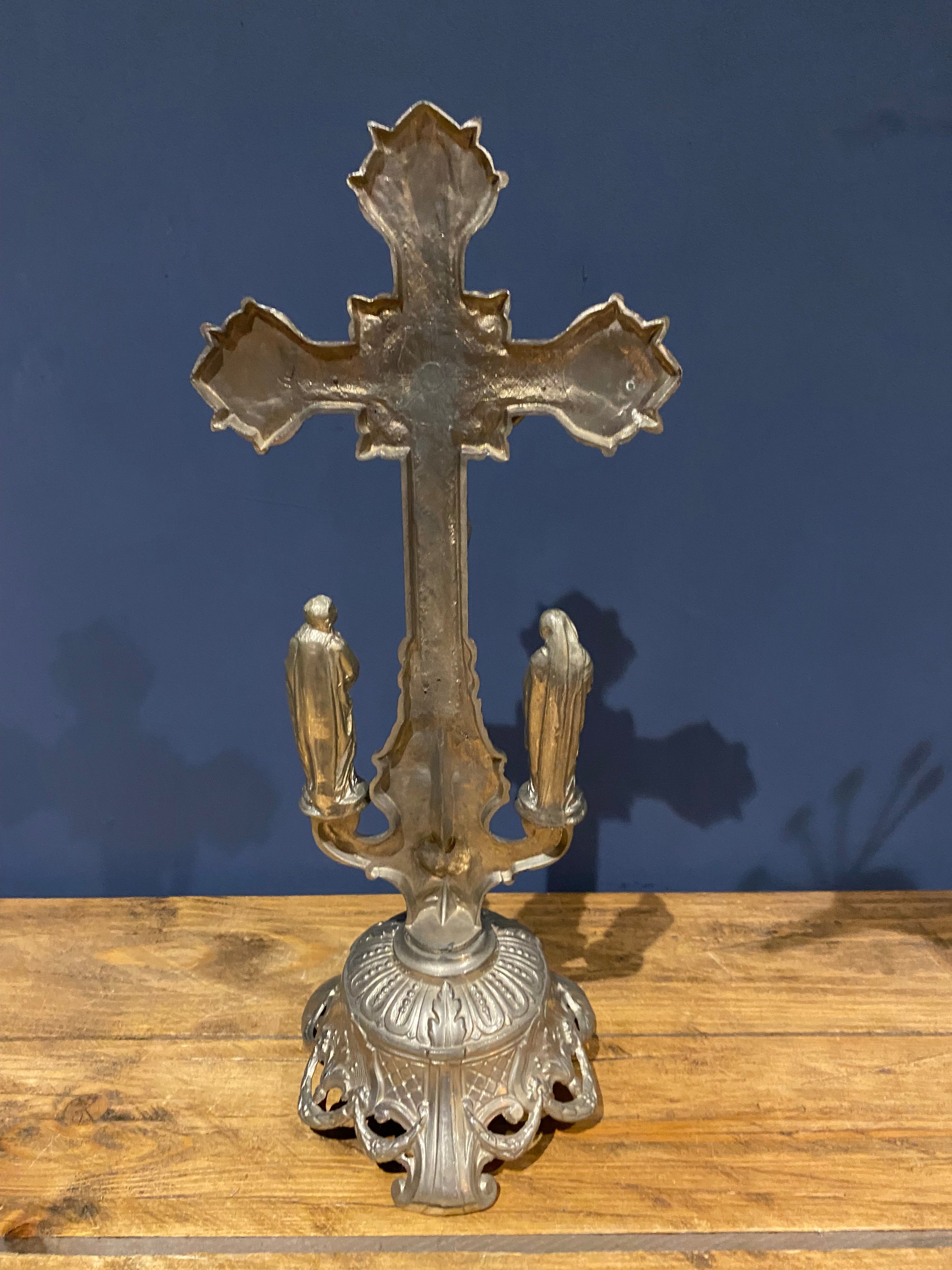Vintage Mid Century French White Metal  Altar Crucifix 45 Cms High