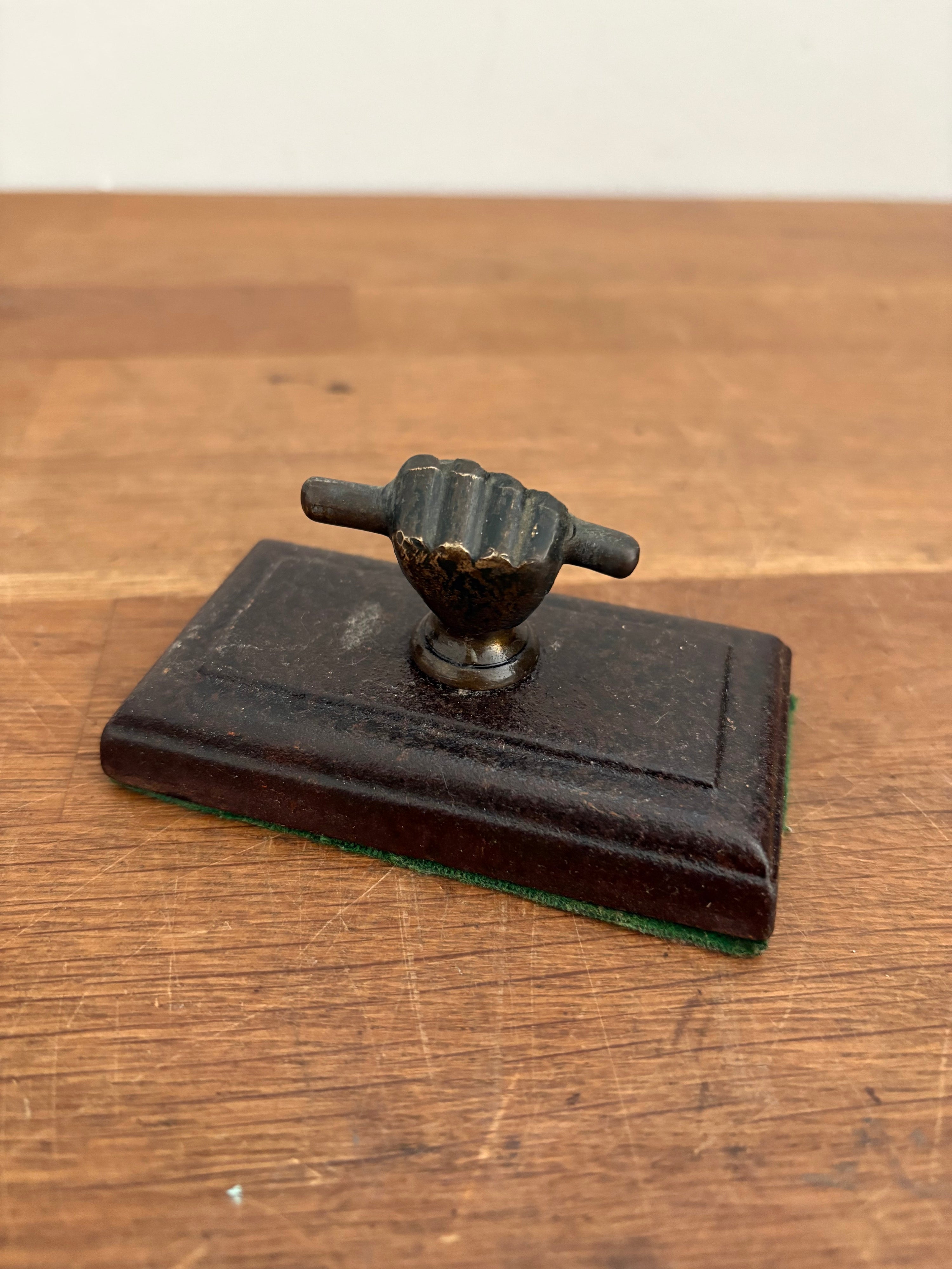 Antique Cast Iron Paperweight, Fist And Scroll/ Hand And Scroll . Brass Hand