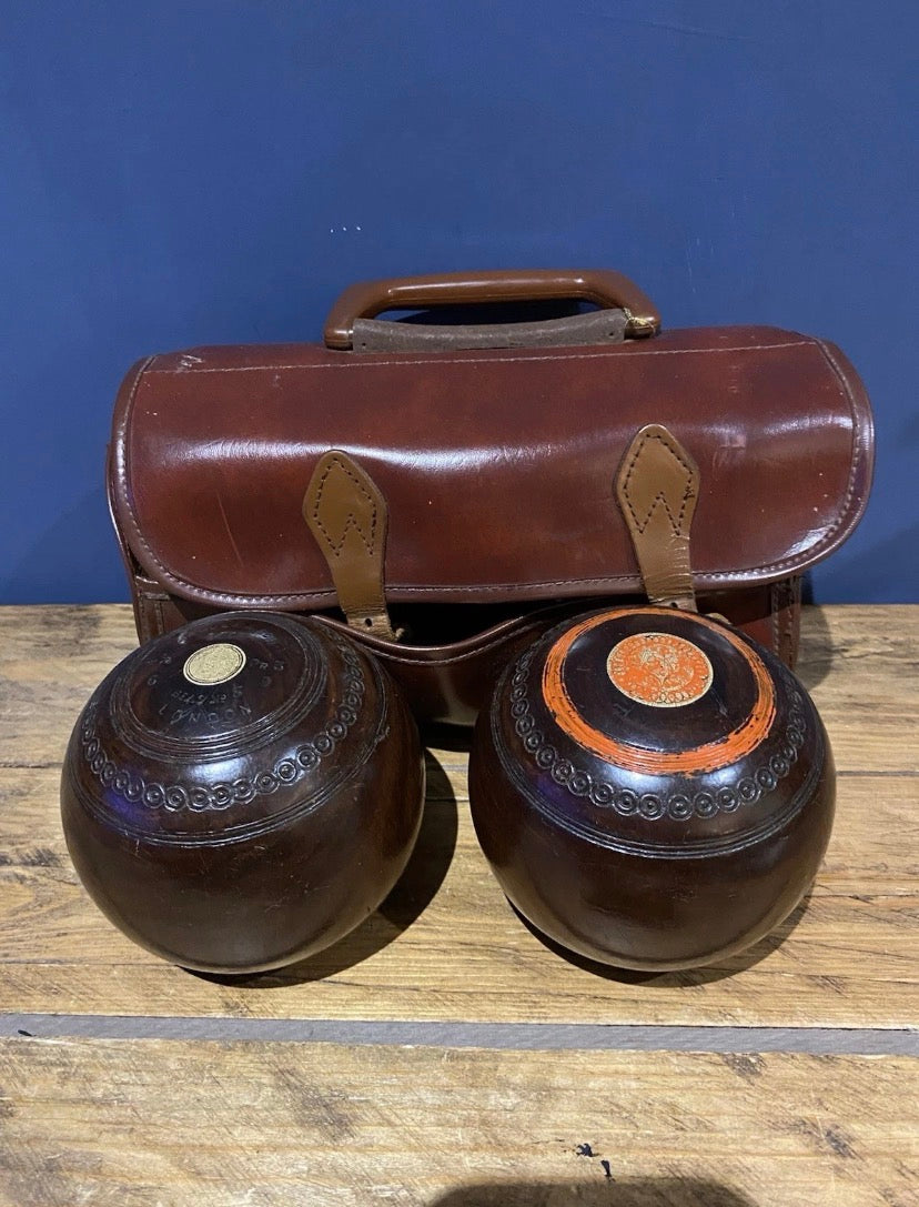 Pair Of Vintage Jaques Lawn Bowls Plus Bag , No3 Bias, 4 3/4”, 1503