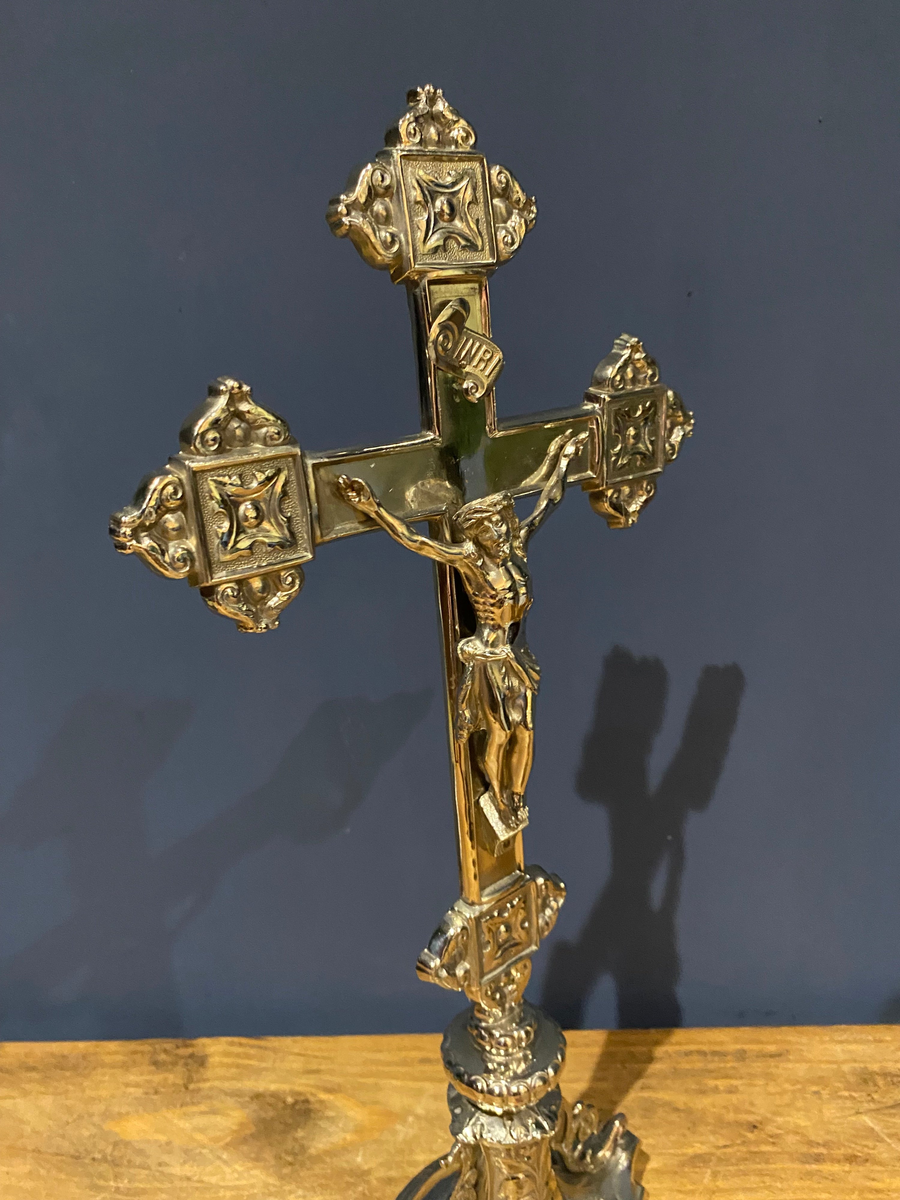 Vintage Mid Century French White Metal /chrome Altar Crucifix 43 Cms High