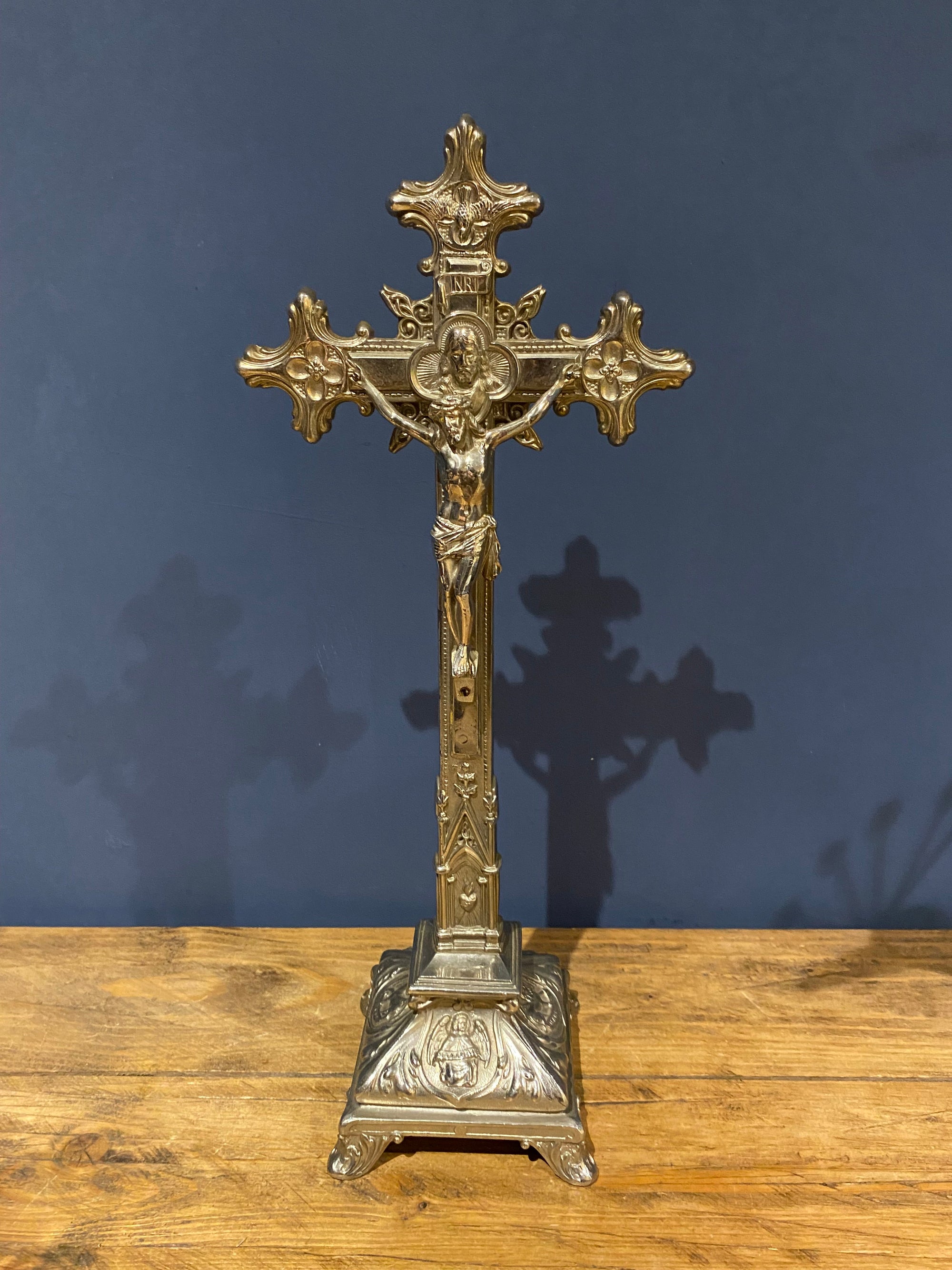 Vintage Mid Century French White Metal/ chrome  Altar Crucifix 45 Cms High
