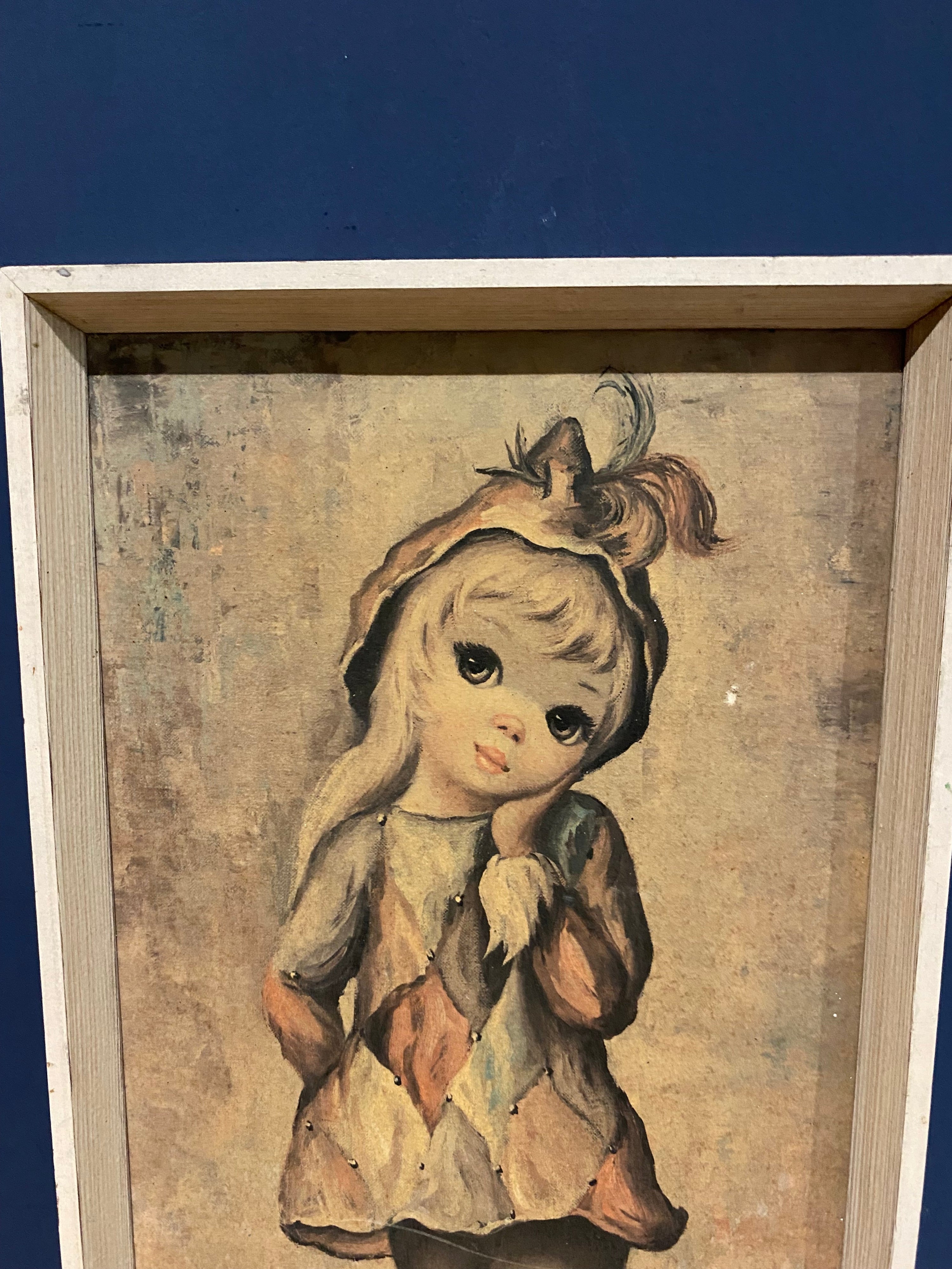Vintage Maio Harlequin Girl , Big Eyes Print. Boots Framed Retro 60’s/70’s