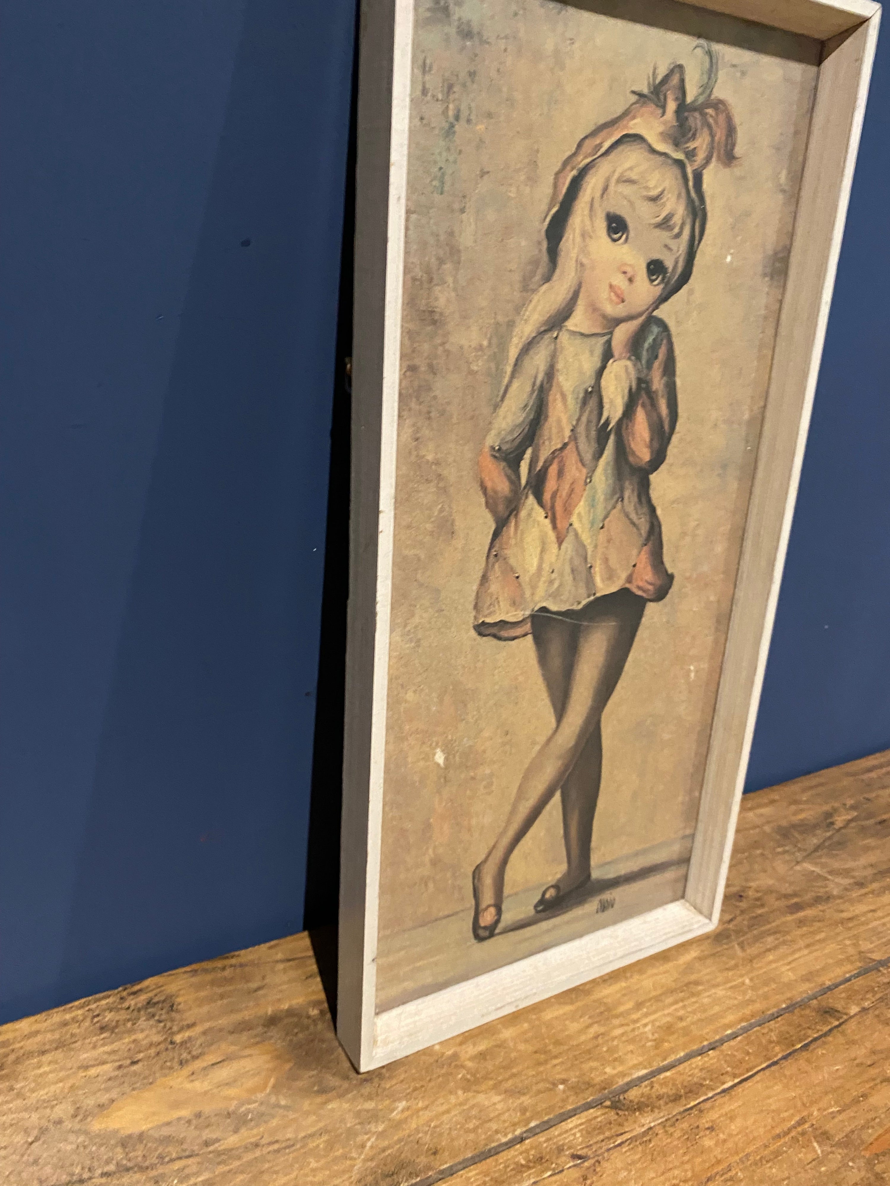 Vintage Maio Harlequin Girl , Big Eyes Print. Boots Framed Retro 60’s/70’s
