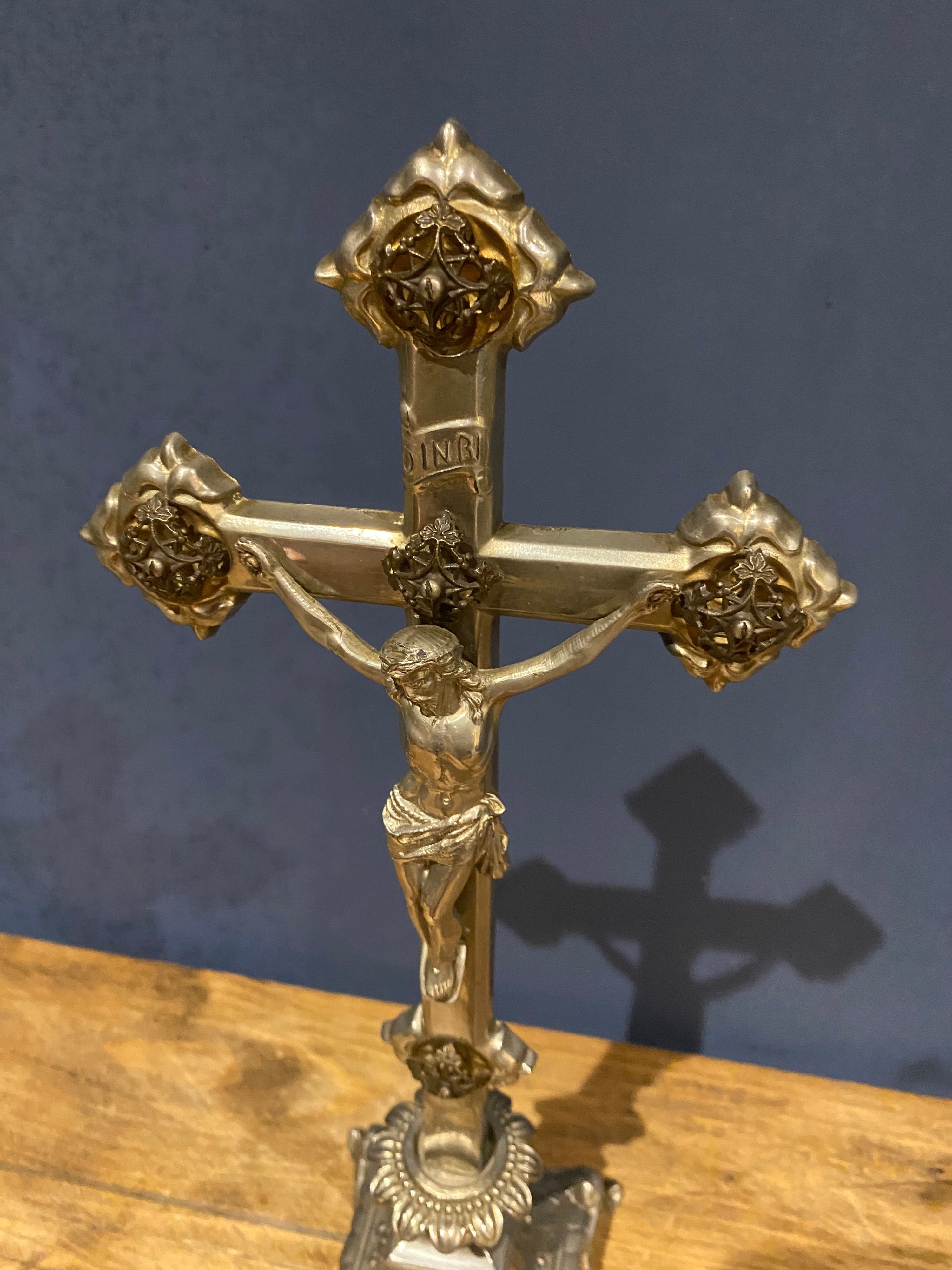 Vintage Mid Century French White Metal  Altar Crucifix 44.5 Cms High