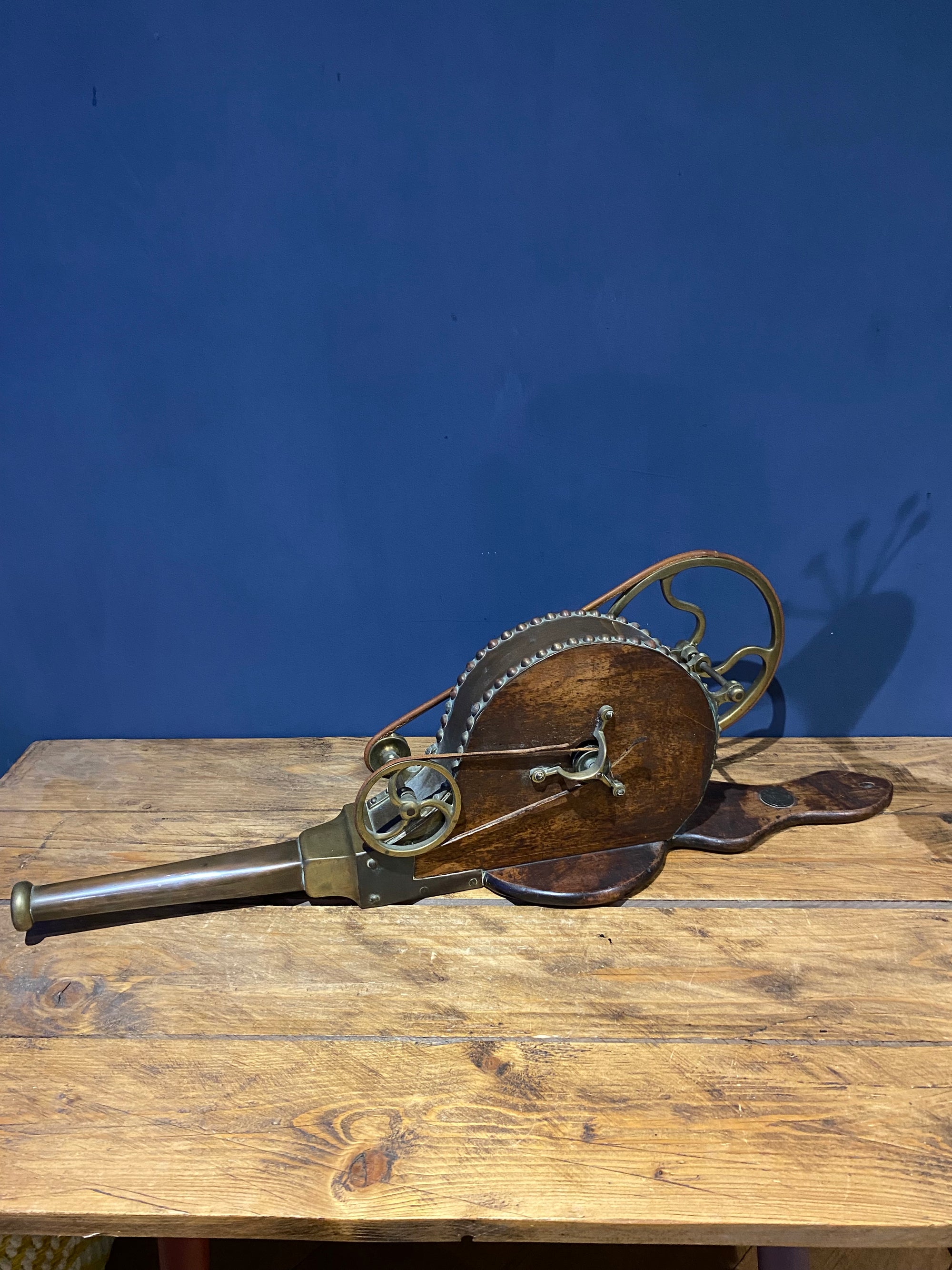 Early Mechanical Fire Bellows ,Copper, Brass, Wood , Irish Halfpenny In Handle .