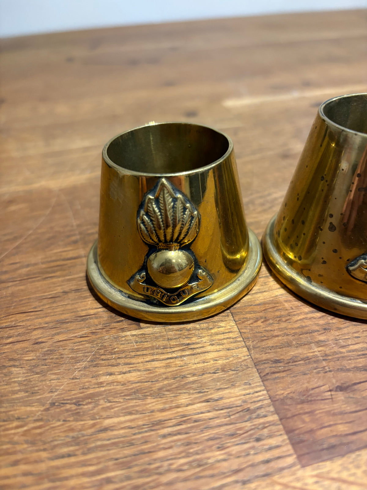 Vintage Pair Of Brass Royal Artillery ‘ubique’ Match Holders.