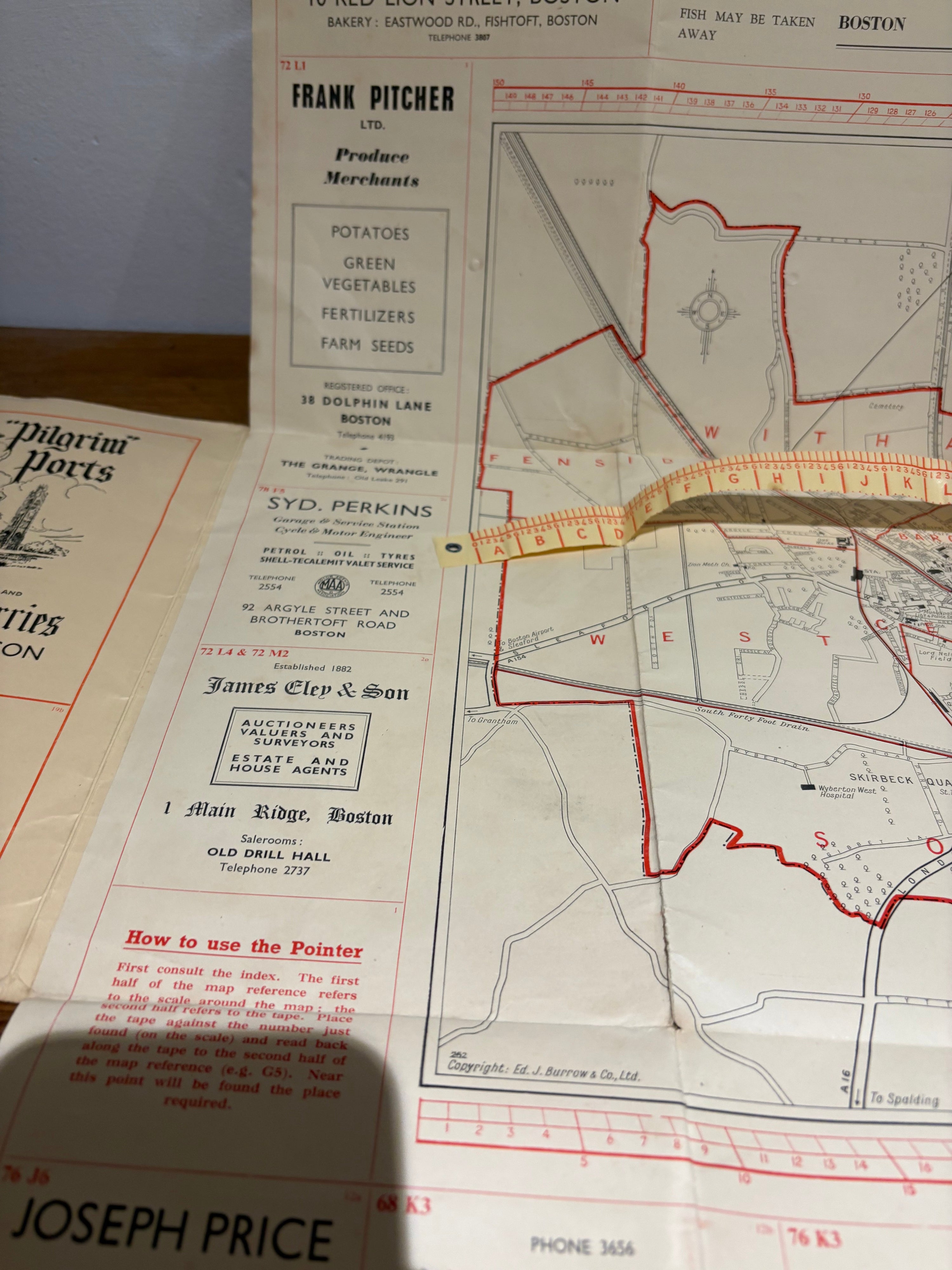 Vintage 1930’s-1950’s Burrows Pointer Guide Map Of Boston UK , Third Edition