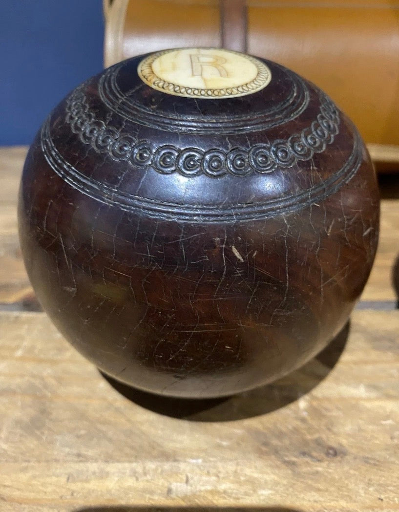 Pair Of Vintage Lawn Bowls Plus Bag , No3 Bias, 4 7/8.