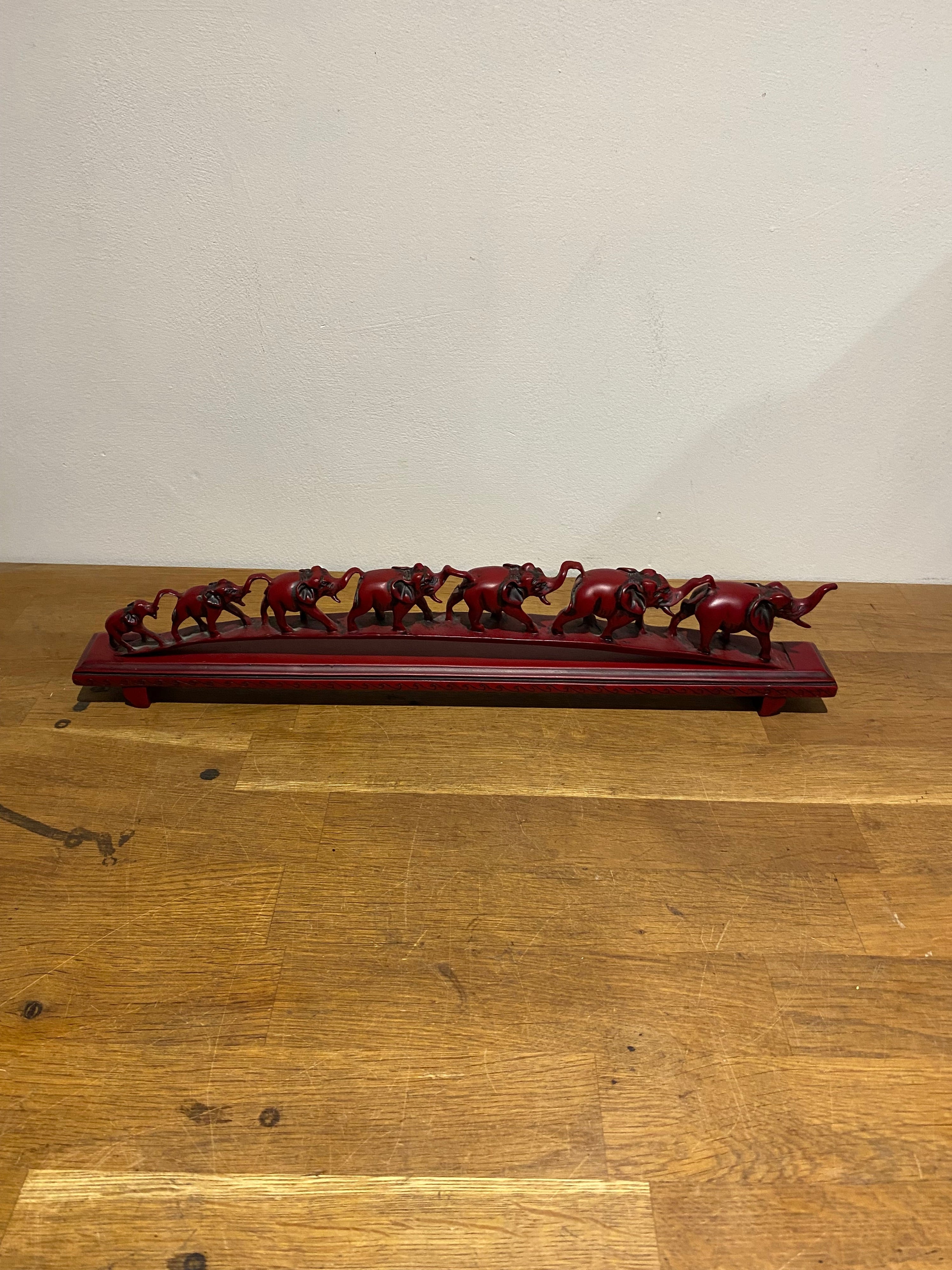 Parade Of Seven Lucky Elephant Resin Model Ornament, Made In China, Cinnabar Red