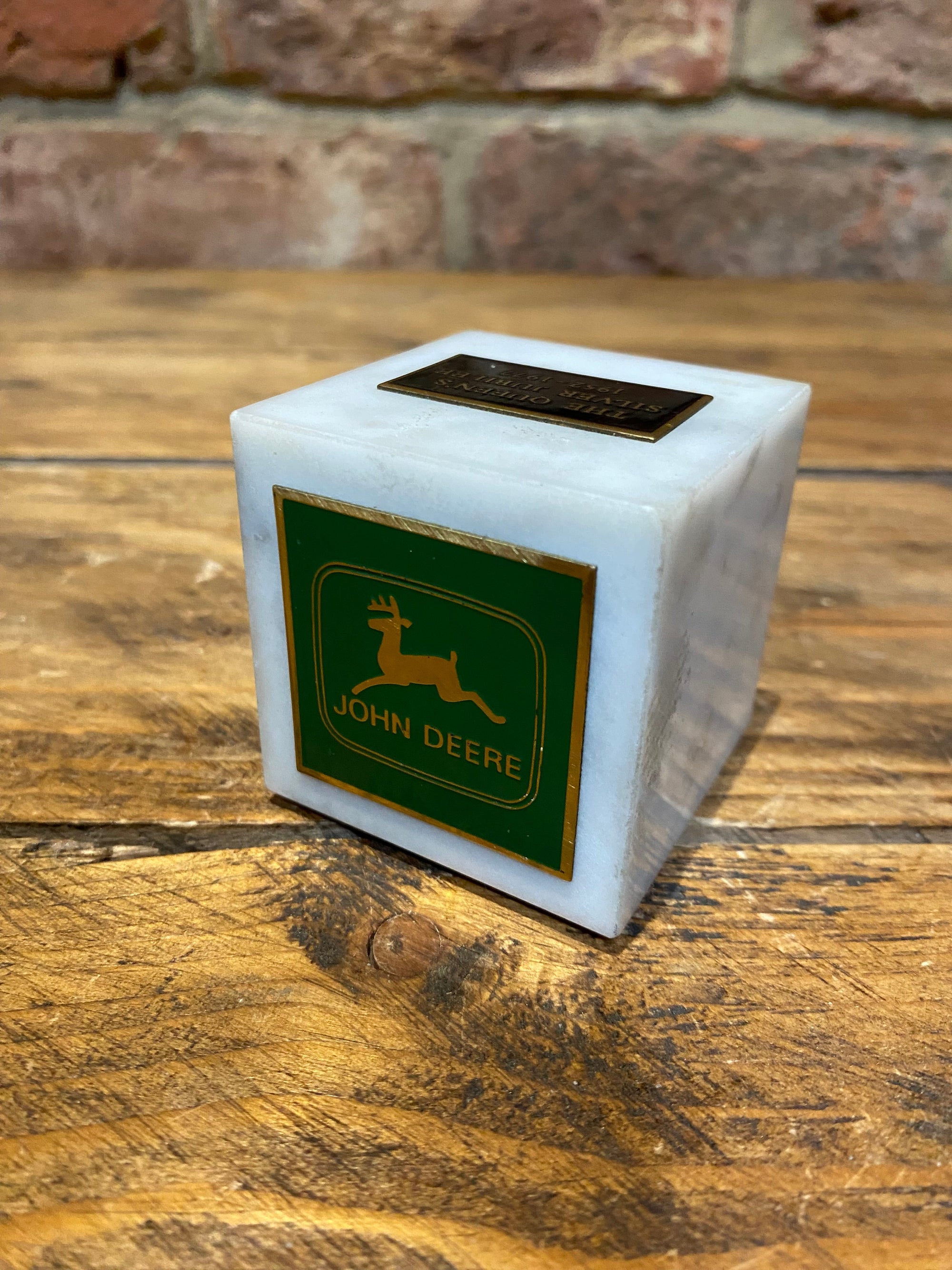 John Deere Silver Jubilee. Marble Cube Paperweight. Tractor Lovers Gifts at Wilson Fox Antiques