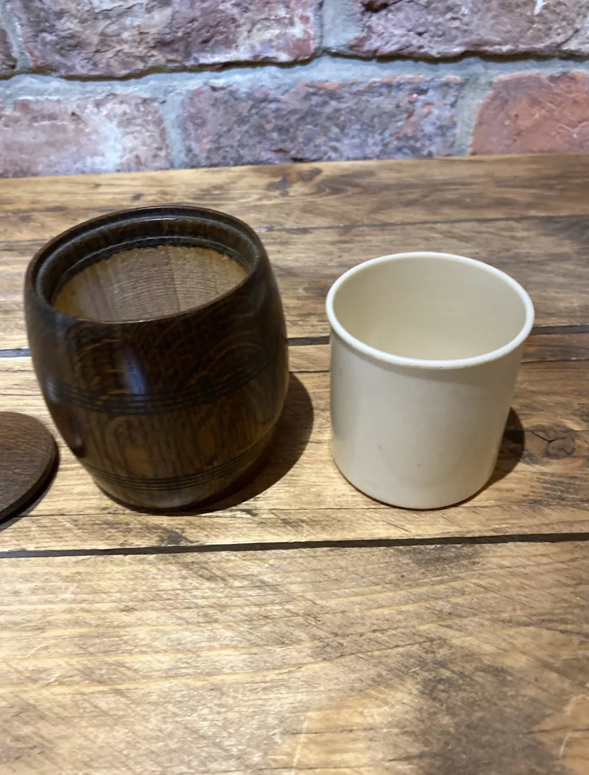 Vintage Oak Barrell Shape Pot With Liner and Lid
