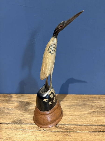 Hand Carved Water Buffalo Horn Of A Stork On A Branch