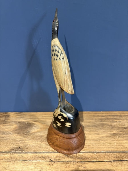 Hand Carved Water Buffalo Horn Of A Stork On A Branch