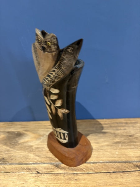 Owl On Branch Vintage Hand Carved Water Buffalo Horn Ornament