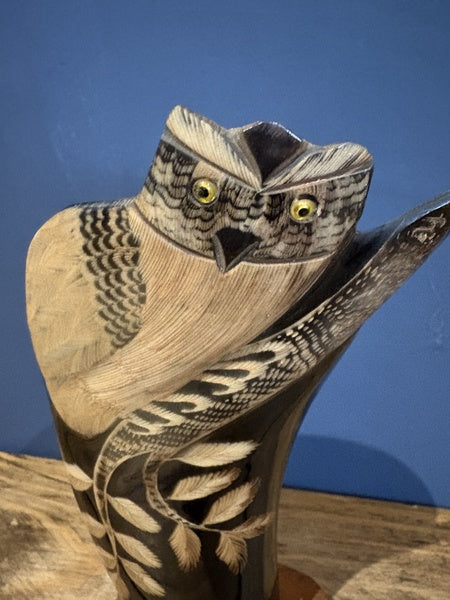 Owl On Branch Vintage Hand Carved Water Buffalo Horn Ornament