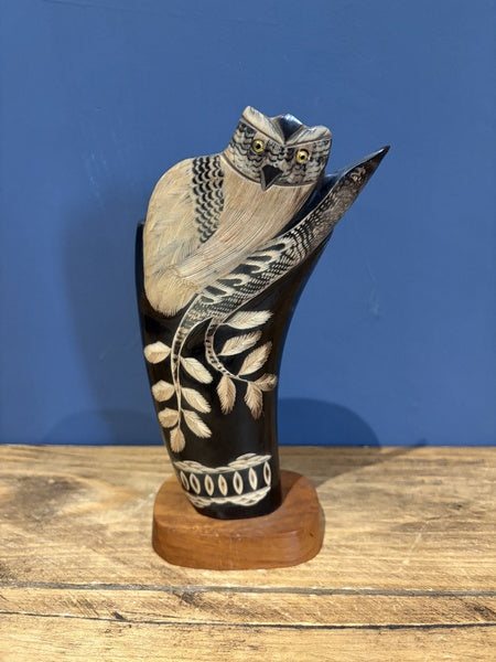 Owl On Branch Vintage Hand Carved Water Buffalo Horn Ornament