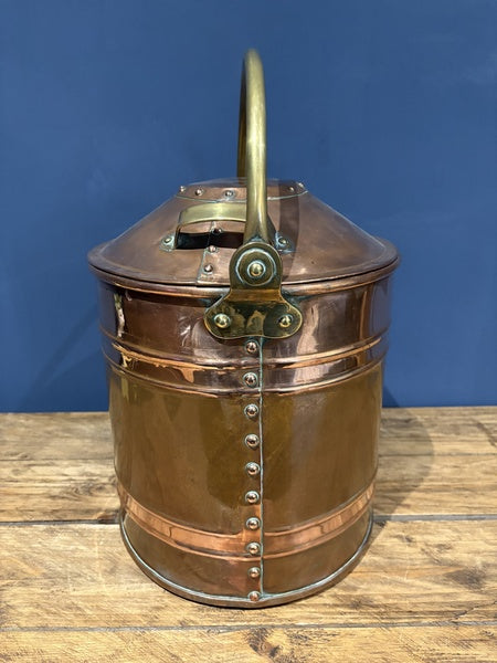 Victorian Copper And Brass Coal Bucket With Handle And Lid