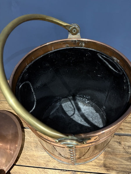 Victorian Copper And Brass Coal Bucket With Handle And Lid