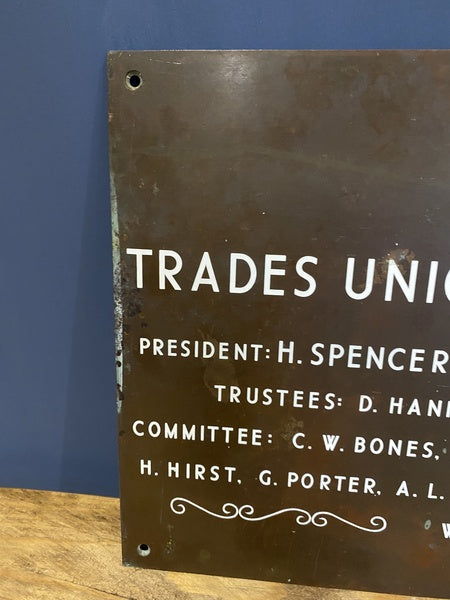 Vintage 1961 Bronze Trades Union And Labour Club Sign