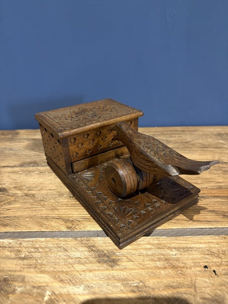 Vintage Wooden Handmade Cigarette Dispenser With Lever Action Bird With Treenware Design 1950s