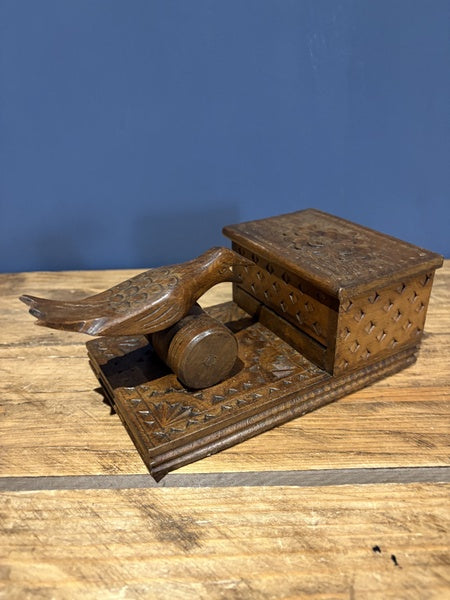 Vintage Wooden Handmade Cigarette Dispenser With Lever Action Bird With Treenware Design 1950s